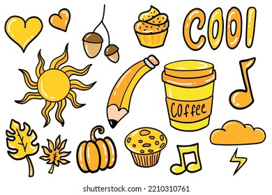 Cool Hand Drawn Doodle Style Autumn Concept Stickers Set Isolated White Background  Autumn Colors Hand Drawing Creative Icons  Can Be Used in Social Media Printable Projects  Vector Illustartion