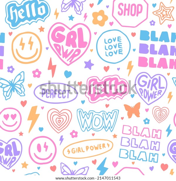 Cool Hand Drawn Girly Stickers\
Collage Seamless Pattern. Girl Patches Background Vector\
Design.
