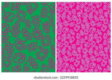 Patrones de vectores de Graffiti con forma de mano fría. Resumen de líneas de estilo Doodle y zags de Zig sobre fondo verde y rosa. Moderno Patrón Geométrico Sin Marea. Impresión De Mano Libre Irregular Repetible.