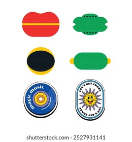 Cool Hand Drawn Groovy Retro Stickers Set. Trendy Y2k Smile Patches Vector Design. Pop Art Print Labels.