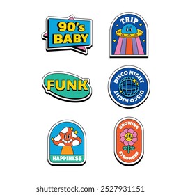 Cool Hand Drawn Groovy Retro Stickers Set. Trendy Y2k Smile Patches Vector Design. Pop Art Print Labels.