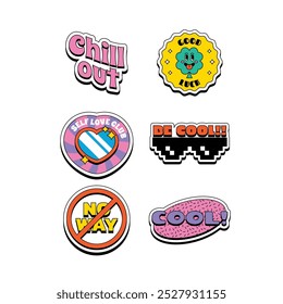 Cool Hand Drawn Groovy Retro Stickers Set. Trendy Y2k Smile Patches Vector Design. Pop Art Print Labels.