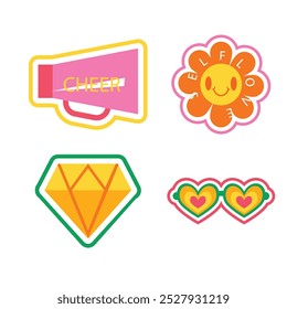 Cool Hand Drawn Groovy Retro Stickers Set. Trendy Y2k Smile Patches Vector Design. Pop Art Print Labels.