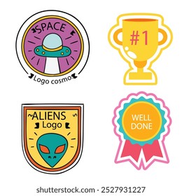 Cool Hand Drawn Groovy Retro Stickers Set. Trendy Y2k Smile Patches Vector Design. Pop Art Print Labels.