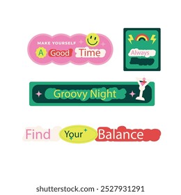 Cool Hand Drawn Groovy Retro Stickers Set. Trendy Y2k Smile Patches Vector Design. Pop Art Print Labels.