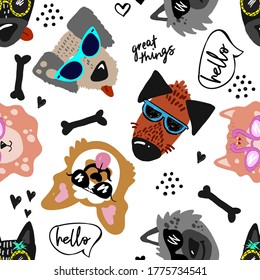 cool hand drawn pattern with dogs in glasses. Seamless comic pattern for textiles, baby clothes, wrapping paper and more.
