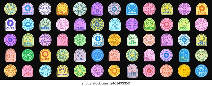 Cool Hand Drawn Retro Stickers Vector Design. Set Of Y2k Patches Pop Art Style. Smile Emoticon Funny Badges.