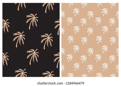 Cool Hand Drawn Tropical Seamless Vector Pattern with Brown and White Palm Trees on a Light Brown and Black Background. Sketched Palm Trees Print ideal for Fabric. Exoctic Vacation Repeatable Design.