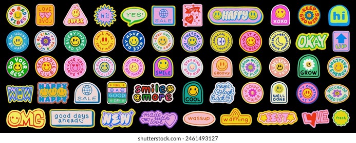 Cool Hand Drawn Y2k Stickers Set. Collection Of Sketched Groovy Smile Patches. Pop Art Funny Badges.