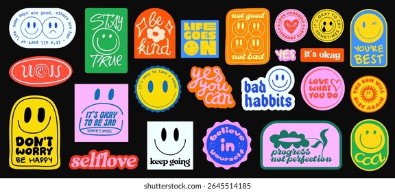 Cool Hand-drawn Stickers Vector Design. Optimistic Cute Groovy Patches Funny Pop Art Illustration.