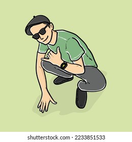Genial Niño guapo sonriendo con buena postura aislado en el vector de fondo verde ilustraciones modernas