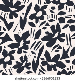 Cool handwritten pattern of flowers using linocut technique. Vector.