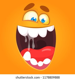 Cool happy cartoon monster face. Vector Halloween orange monster with wide mouth smiling full of saliva.