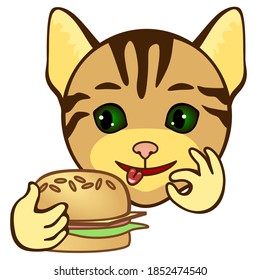 cool happy cat sticking out his tongue with pleasure, shows a gesture delicious and holds a hamburger, color vector detailed,  simple colored emoticon on white isolated background
