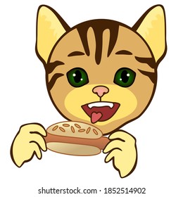 cool happy cat sticking out his tongue with pleasure and holds a hot dog, color vector, simple colored emoticon on white isolated background