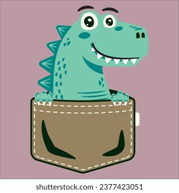 cool happy dinosaur hiding in a pocket, having fun