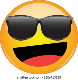 Cool happy emoji in shades. Awesome yellow face emoticon wearing sunglasses with a wide smile and laughing. Expression of happiness, laughter, joy, fun, as well as being cool and awesome.