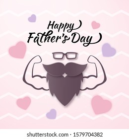 Cool Happy Father's Day greeting card with Muscular Man, biceps and Papercut Hearts. Men Glasses, Mustache, Beard Layered Paper art flat style. Cute Father, Dad gift for blog, website. Vector layout
