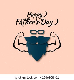 Cool Happy Father's Day Papercut greeting card with Muscular Man. Men Glasses, Mustache, Beard Layered Paper art flat style. Cute Father, Dad gift on your blog, website. Vector Sport club, gym concept