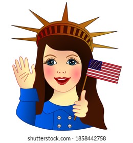 cool happy girl in the crown of the statue of liberty stands and holds in his hand the american flag, color vector  banner or flyer