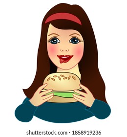 cool happy girl sticking out her tongue with pleasure and holds a hamburger, color vector detailed illustration, clip-art on white isolated background