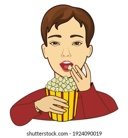 cool happy guy holds a paper bucket with popcorn and eats it, color vector emoticon, clip-art on white isolated background