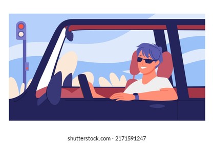 Cool Happy Man Driving His Car. City Traffic Lights Stop, Young Male Driver, Personal Transportation Vehicle Vector Illustration