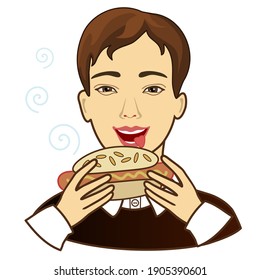cool happy man holds a hot dog, color vector illustration on white isolated  background