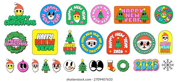 Cool Happy New Year Funky Aufkleber Collage. Groovy Patches Merry Weihnachten Muster.