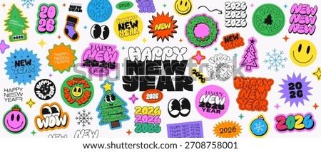 Cool Happy New Year Funky Stickers Collage. Groovy Patches Merry Chrismtas Pattern.