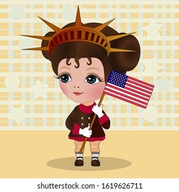 cool happy smiling girl in the crown of the statue of liberty stands and holds in his hand the american flag, color vector  banner or flyer