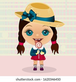 cool happy smiling girl in hat with protruding tongue stands and holds a lollipop, color vector detailed illustration