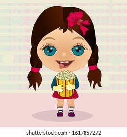 cool happy smiling girl with protruding tongue stands and holds a paper bucket with popcorn, color vector detailed 