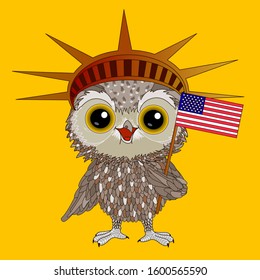 cool happy smiling owl in the crown of the statue of liberty stands and holds in his hand the american flag, color vector detailed banner or flyer