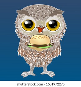 cool happy smiling owl stands sticking out his tongue with pleasure and holds a hamburger, color vector detailed 