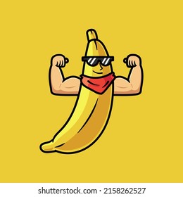 Cool happy strong smiling banana show muscle biceps. Vector modern flat style cartoon character illustration. Isolated on yellow background. Eating healthy food, fitness, sport,banana concept design