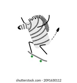 Cool Happy zebra skateboarding. Cute cartoon character jumps on skateboard, performs sports tricks. Funny Hand drawn Vector illustration on white background. Active lifestyle, extreme sport concept.