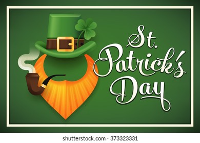 Cool header image on Saint Patrick's day celebration with traditional festive elements such as leprechaun hat with clover leaf, smoking pipe and red beard on green background