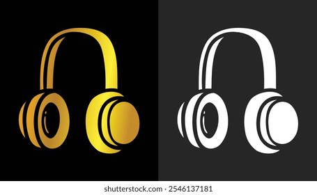 vetor de logotipo de fone de ouvido legal com uma combinação de branco e ouro em um fundo preto e cinza bonito