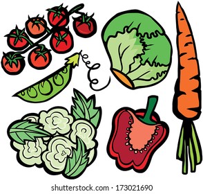 Cool Healthy Vegetable Set: Iceberg Lettuce, Carrot, Red Pepper, Sweet Pea Pod and Cherry Tomatoes