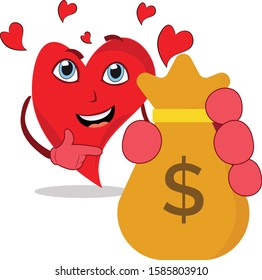 cool heart character showing a money dollar bag