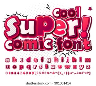 Cool high detail comic font in pink colors. Alphabet in style of comics, pop art. Multilayer colorful 3d letters and figures for kids' illustrations, comics, banners. Letters are painted differently