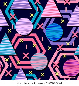 Cool hip cosmic seamless pattern with geometric shapes. Space vector design. Abstract  ornament on dark background. Contemporary vector illustration design. Mix of pop art and Scandinavian styles.