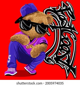 Cool Hip Hop Bear In Casual Wear Posing With Graffiti Style Slogan, Real Rapper With Sunglasses Gold Chain And Blue Hat