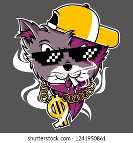 cool hip hop cat with hat, cigarette, glasses, and gold chain necklace