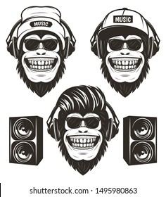 Cool hip hop music monkey set, vector graphics for t-shirt, etc. Funny hand drawn monkeys in sunglasses and with headphones wearing hat and cap listening to music, loudspeakers.