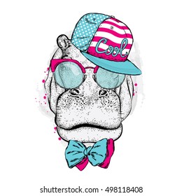 Cool hippo wearing a cap and sunglasses. Vector illustration for a card or poster. Print on clothes. Fashion & Style.