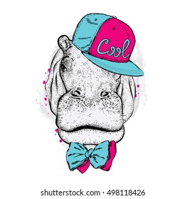 Cool hippo wearing a cap and sunglasses. Vector illustration for a card or poster. Print on clothes. Fashion & Style.