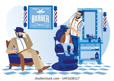 Cool Hipster Barber Making Fashioned Hairstyle to Little Baby Boy Sitting in Armchair in Barbershop Bearded Father Sitting nearby Waiting Son Drinking Alcohol Beverage Cartoon Flat Vector Illustration