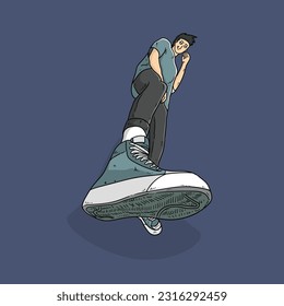Cool hipster boy guy and bottom view isolated Blue background vector modern illustrations